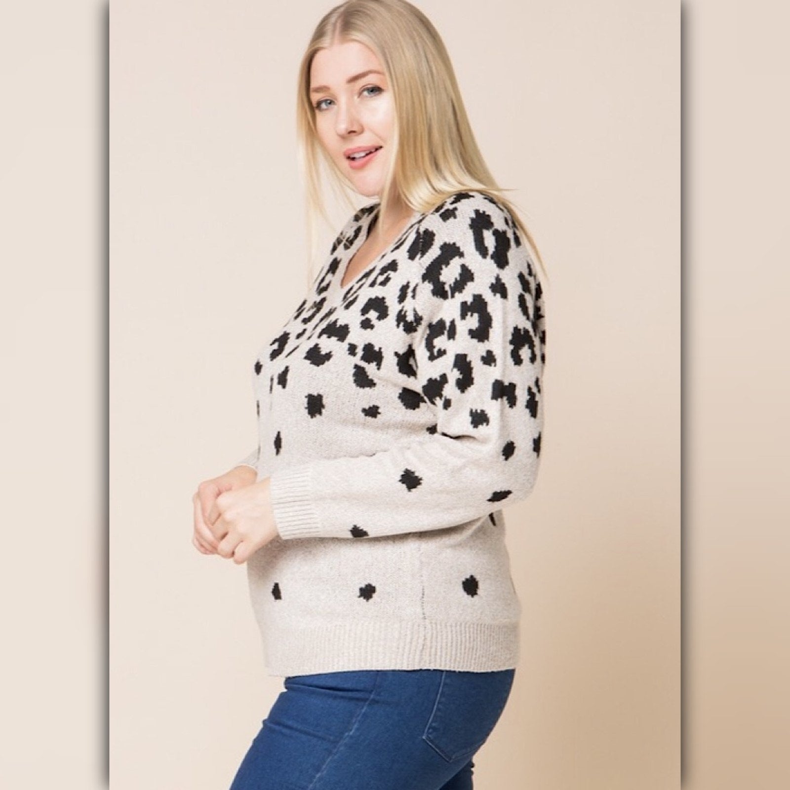 A521 • Cream Leopard V-Neck Knit Sweater