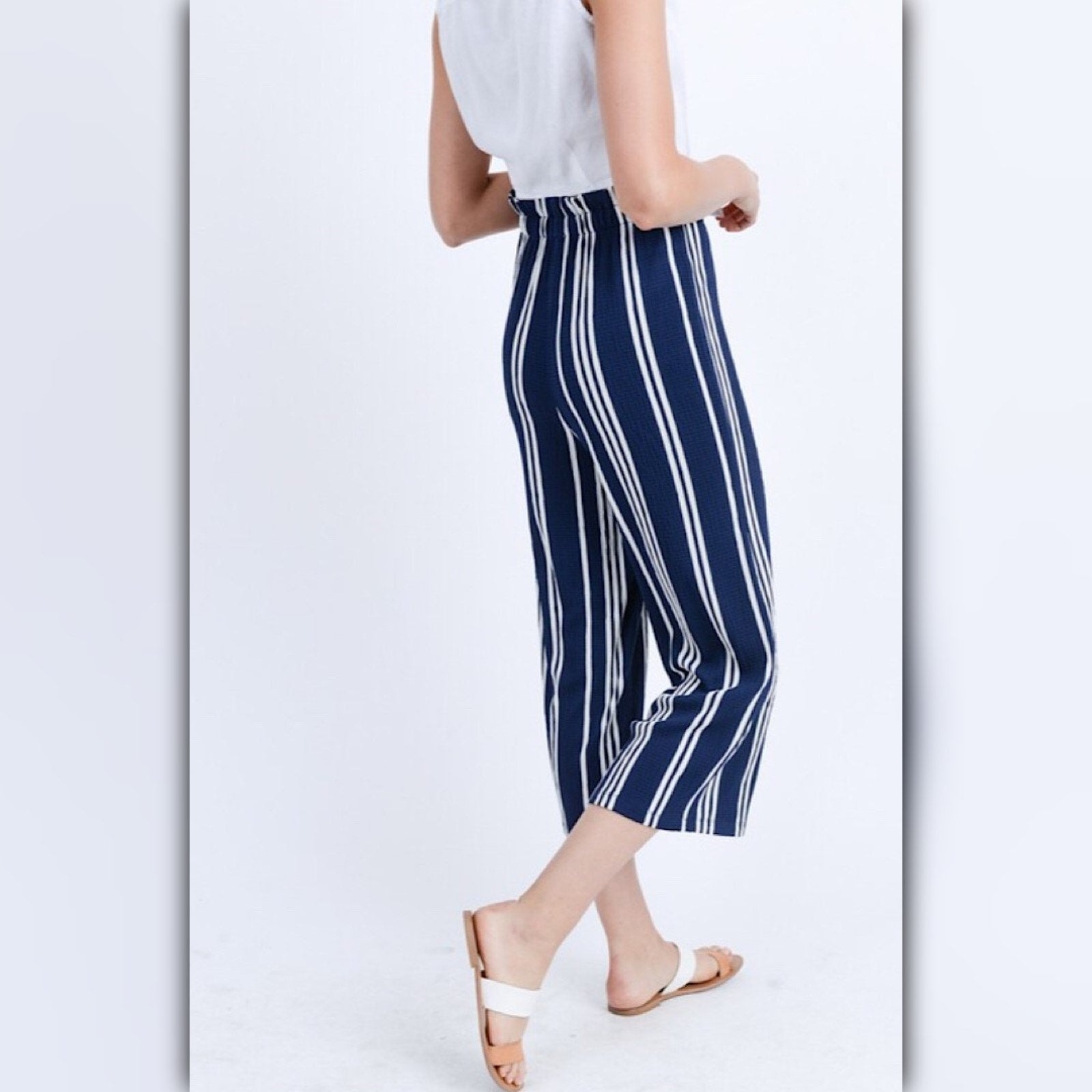 A587◾Blue Striped Wide-Leg Cropped Pants