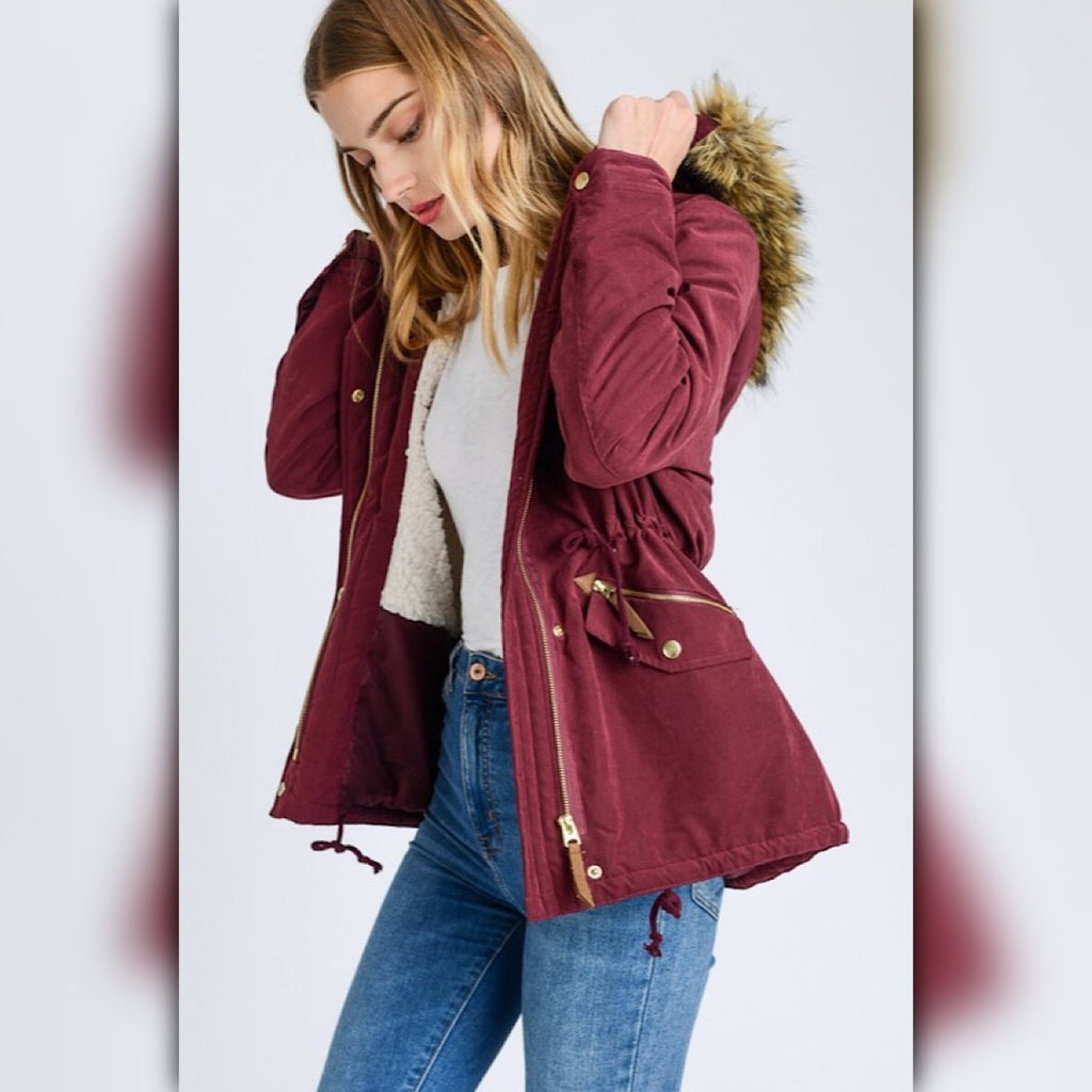 A232 • Wine Faux Fur Hooded Sherpa-Lined Utility Parka Jacket
