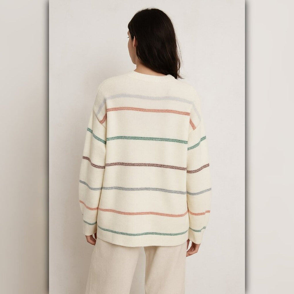 A404 • Cream Striped Knit Sweater – Cozy Crewneck Pullover