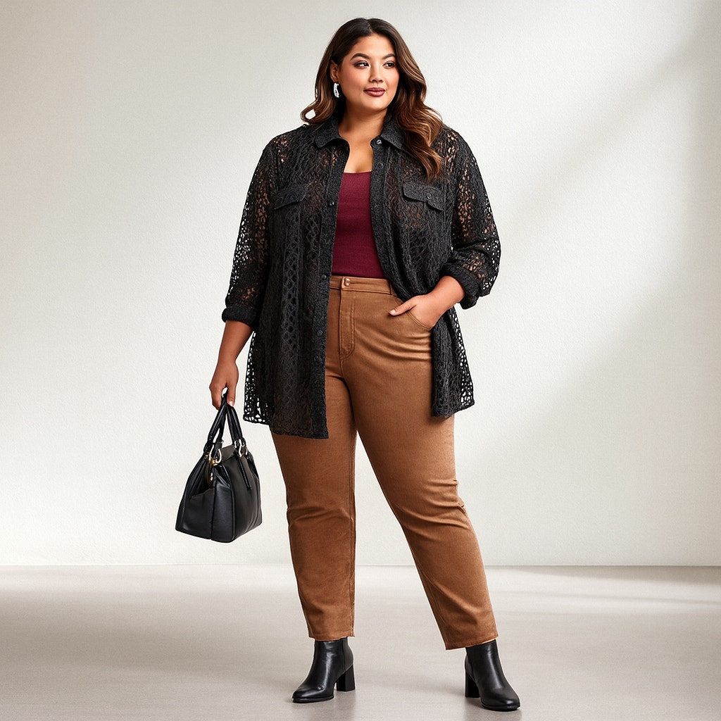 A510 • Black Lace Button-Down Shacket Top