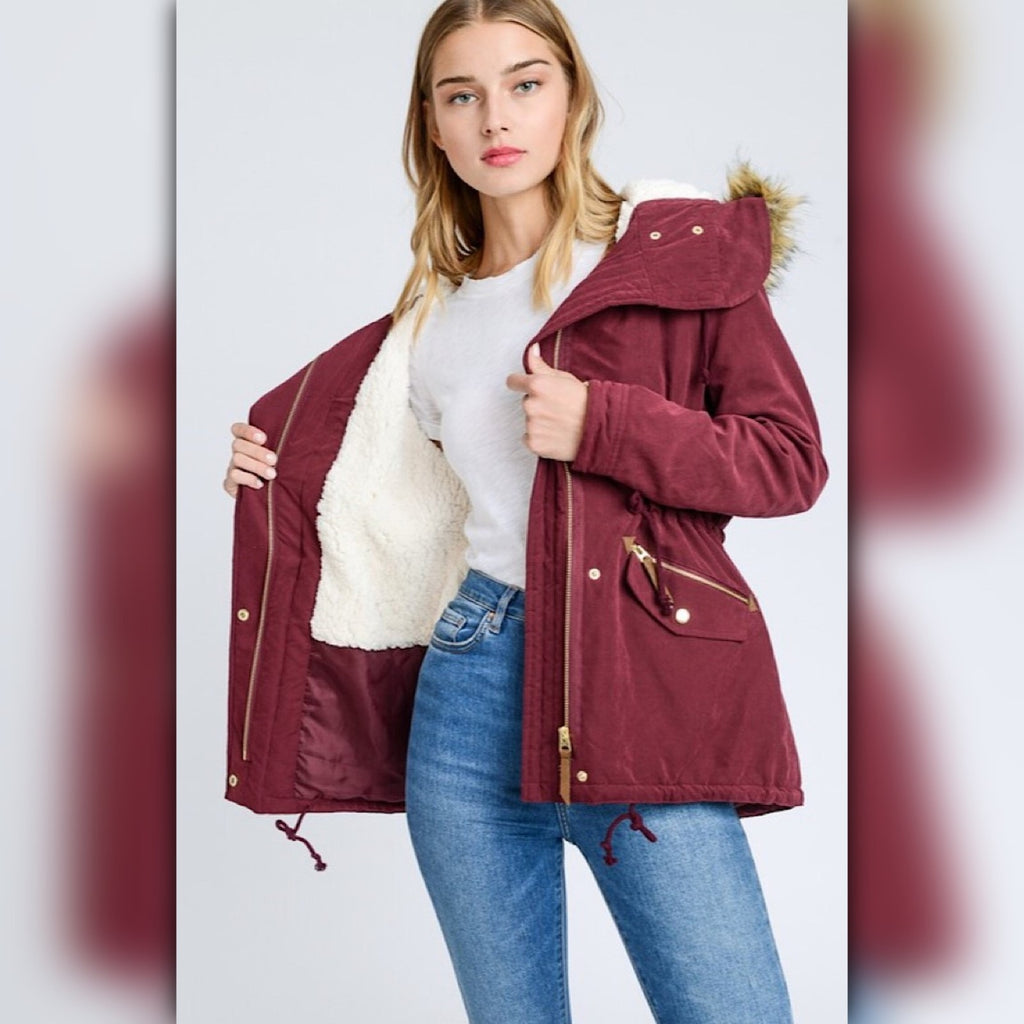 A232 • Wine Faux Fur Hooded Sherpa-Lined Utility Parka Jacket