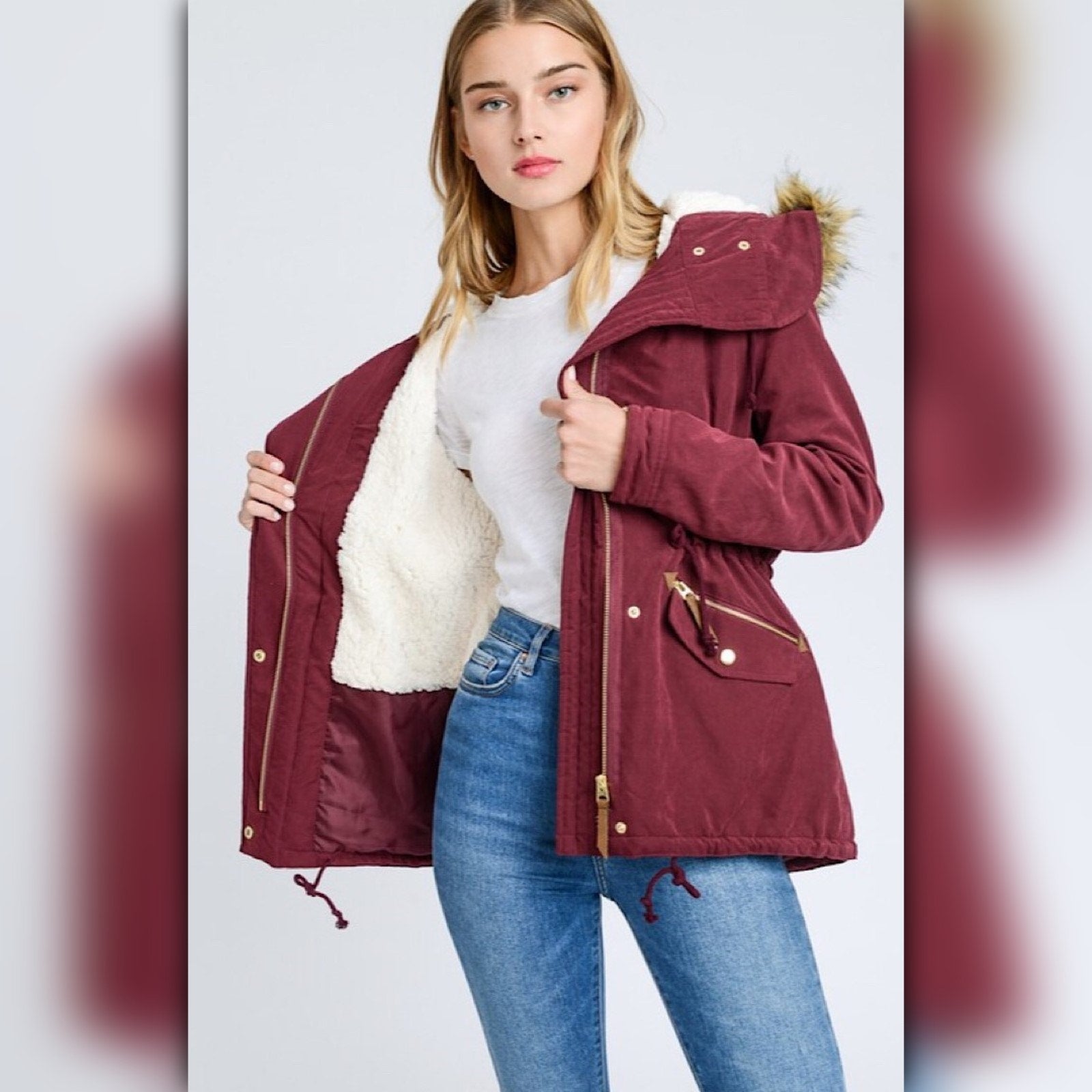 A232 • Wine Faux Fur Hooded Sherpa-Lined Utility Parka Jacket