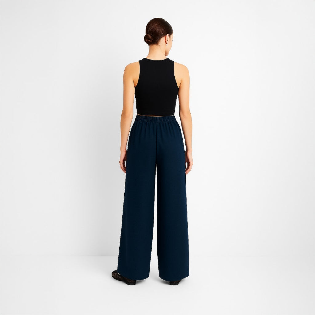 A272 • Wide-Leg Pleated Trousers with Elastic Waist in Deep Navy
