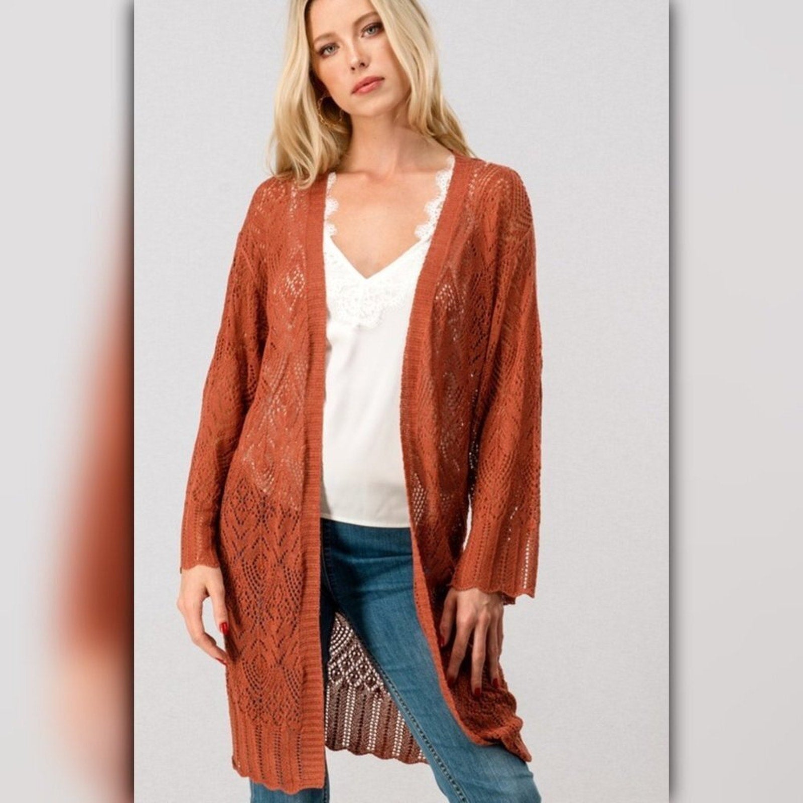 A713 ◾Lace Bell Sleeve Crochet Cardigan