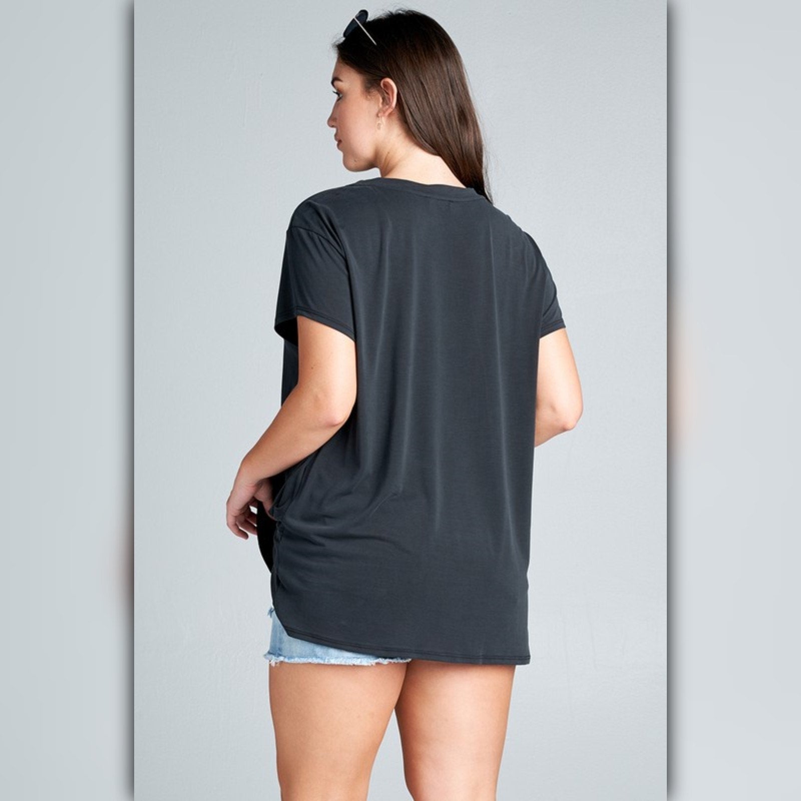 A482-A • Crew Neck Modal Blend Top with Side Gathering Detail