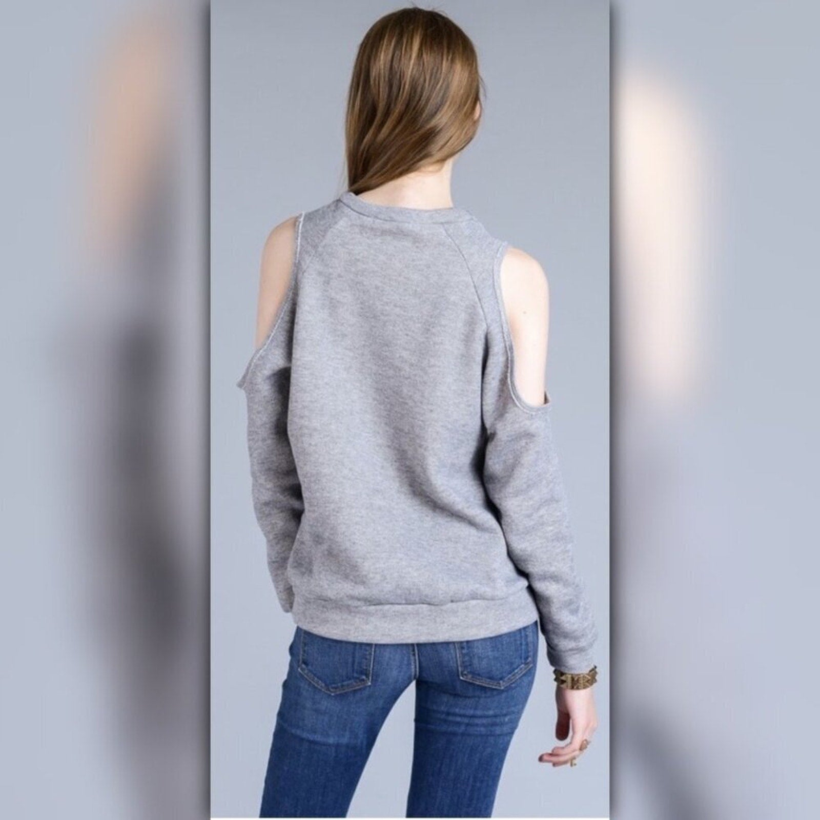 A067-B • Grey Cold Shoulder Crew Neck Pullover Sweater