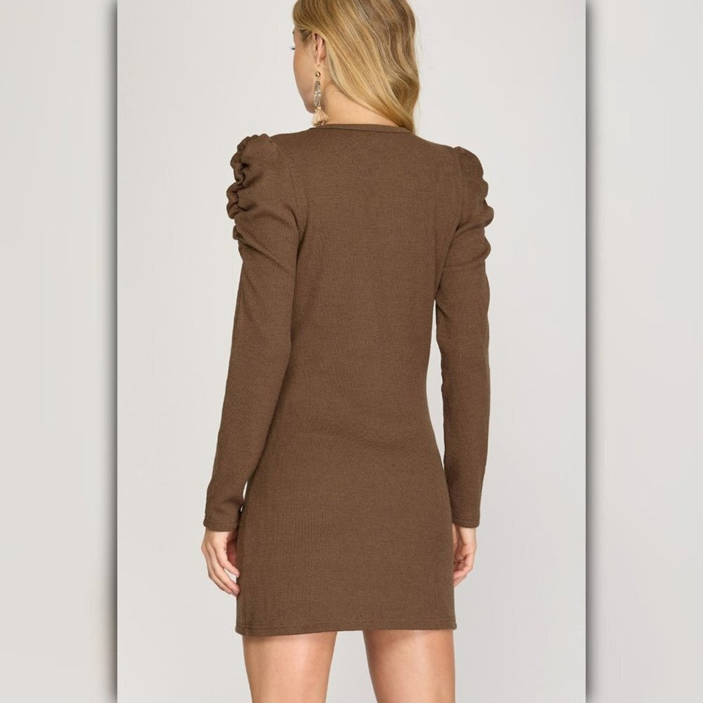 A251 • Chocolate Brown Puff Sleeve Ribbed Knit Mini Dress