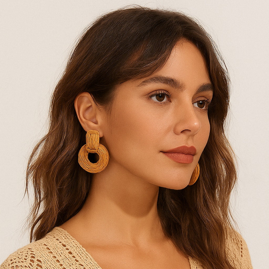 A247-B • Boho Geometric Raffia Rattan Earrings