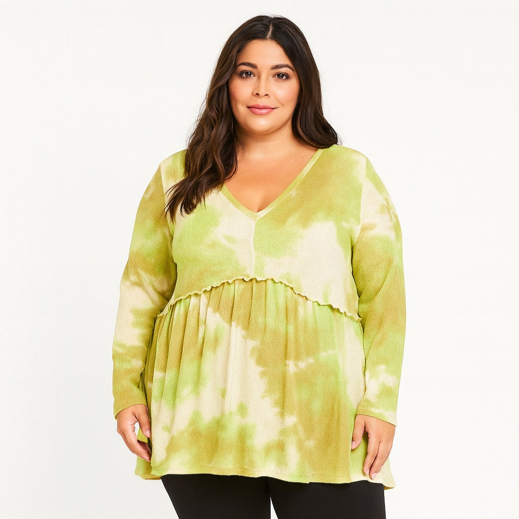 A518 • Tie-Dye Textured Babydoll Long Sleeve Top