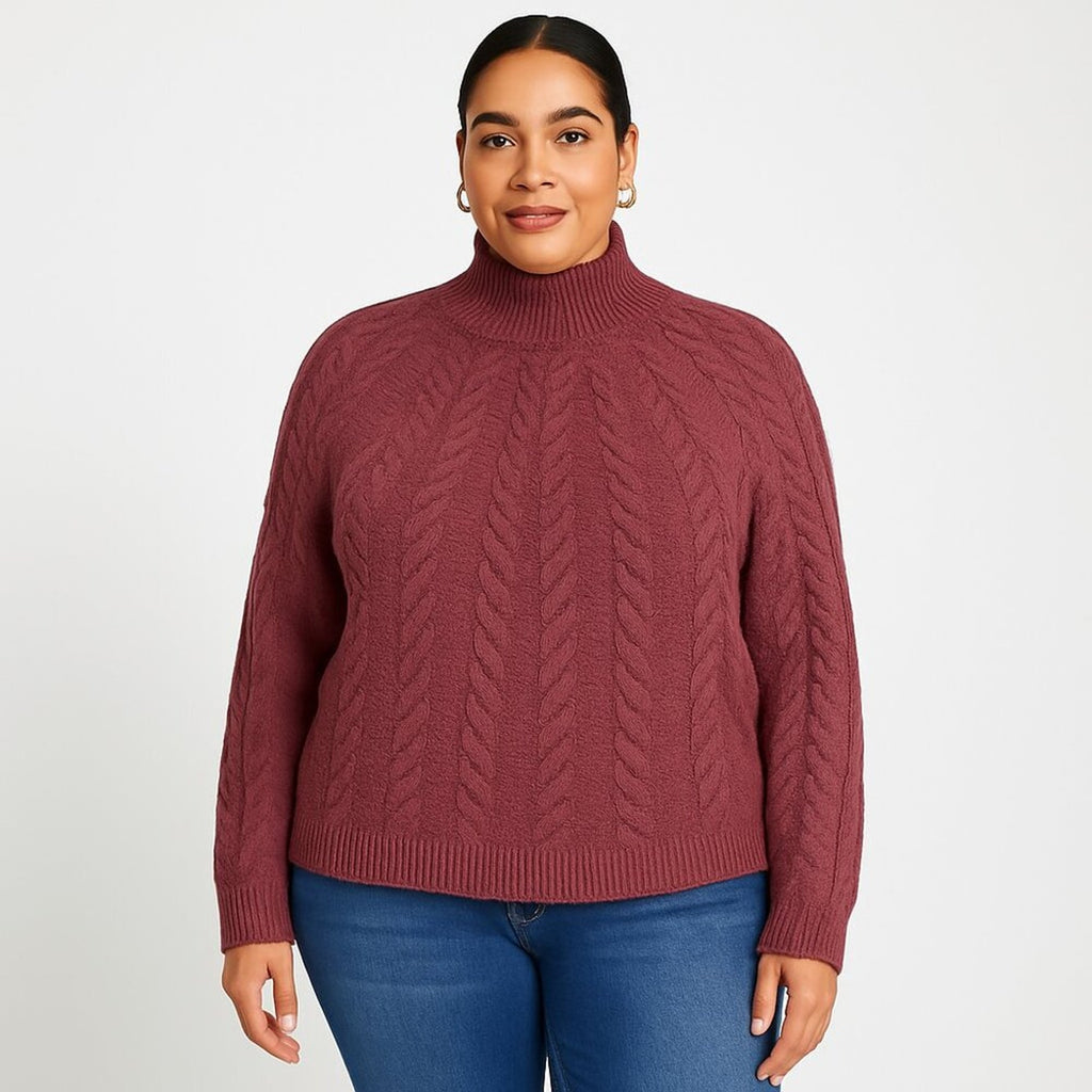 A064 • Burgundy Cable Knit Mock Neck Sweater