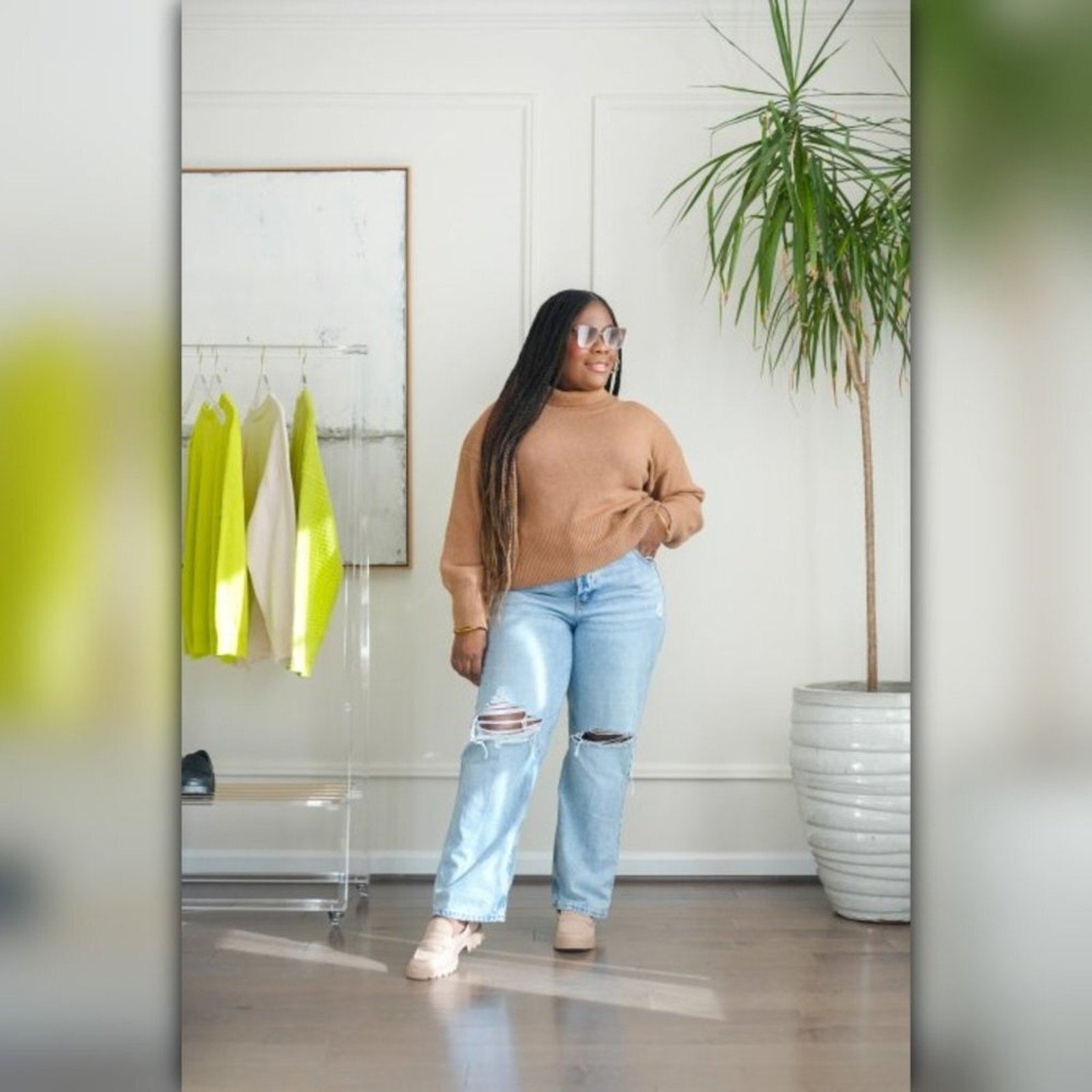 A138 • Camel Mock Turtleneck Ribbed Hem Pullover Sweater