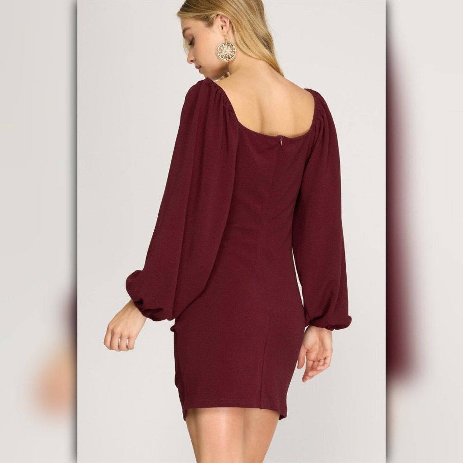 A491 • Wine Ruched Balloon Sleeve Mini Dress