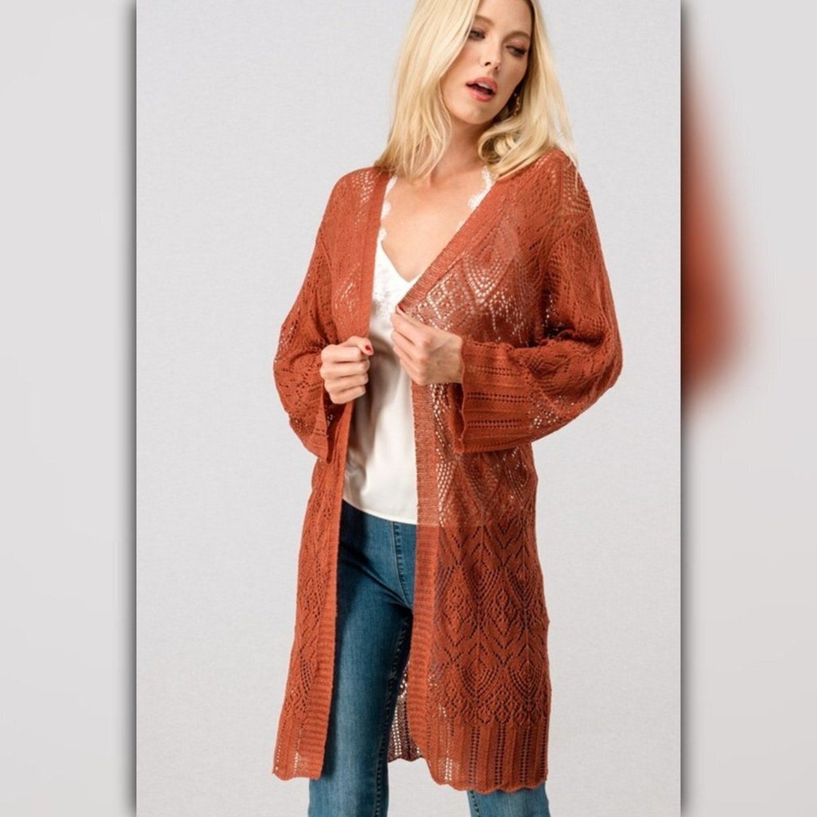 A713 ◾Lace Bell Sleeve Crochet Cardigan