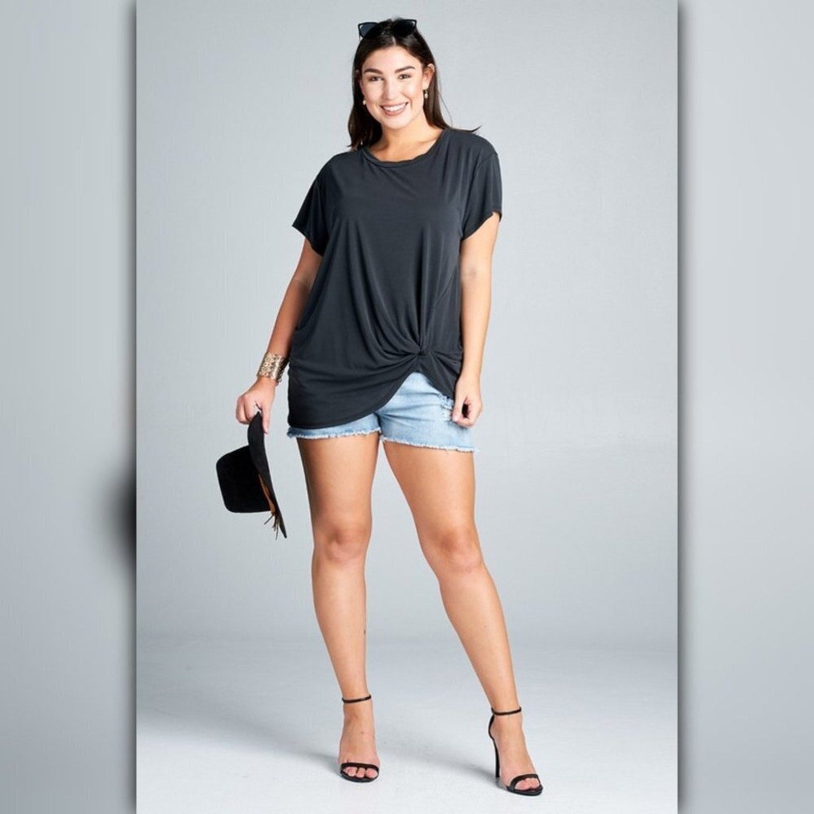 A482-A • Crew Neck Modal Blend Top with Side Gathering Detail