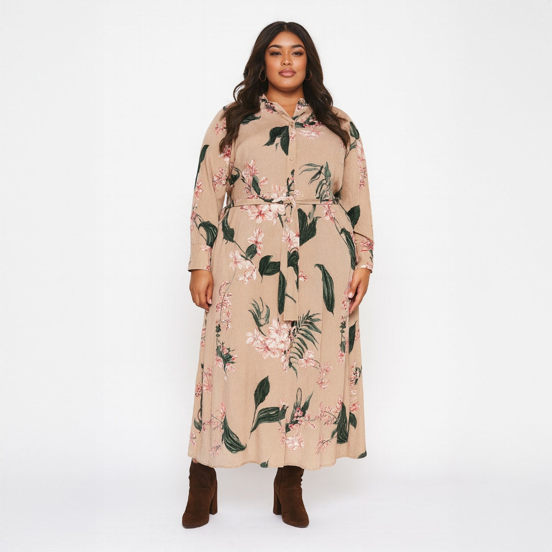 A508 • Neutral Floral Button-Front Maxi Dress