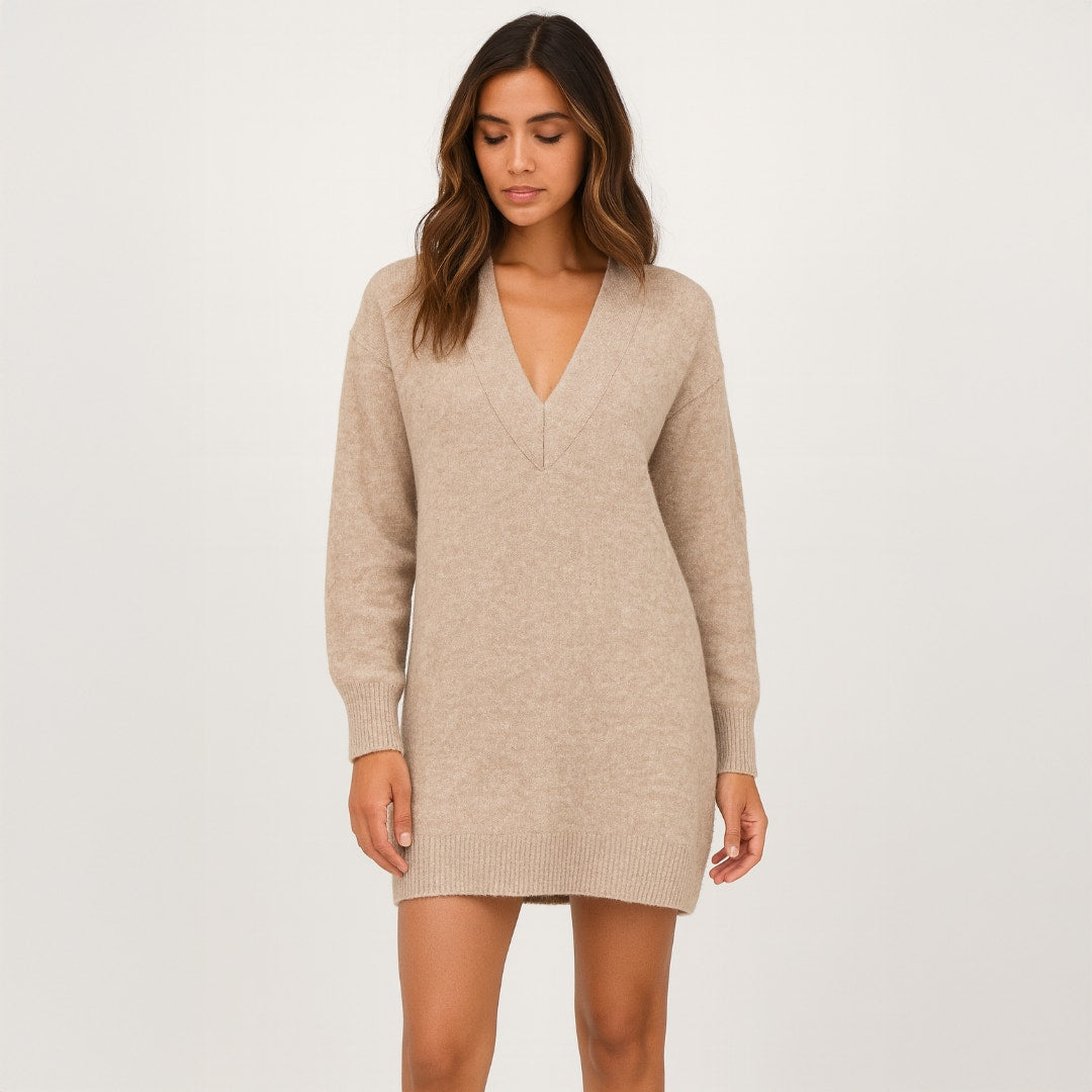 A516 • Oatmeal V-Neck Long Sleeve Sweater Dress