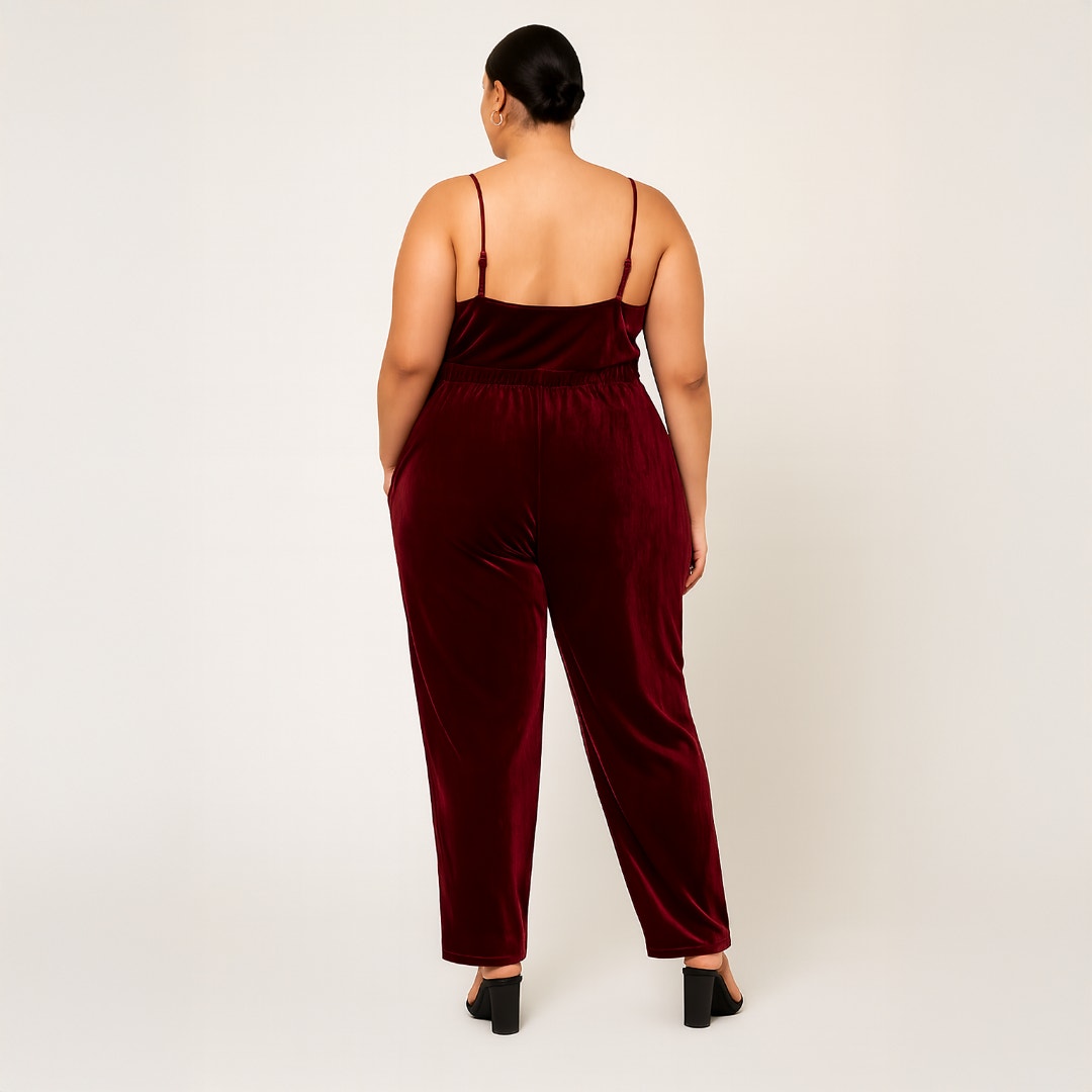 A511 • Velvet Lace Trim Spaghetti Strap Jumpsuit in Burgundy
