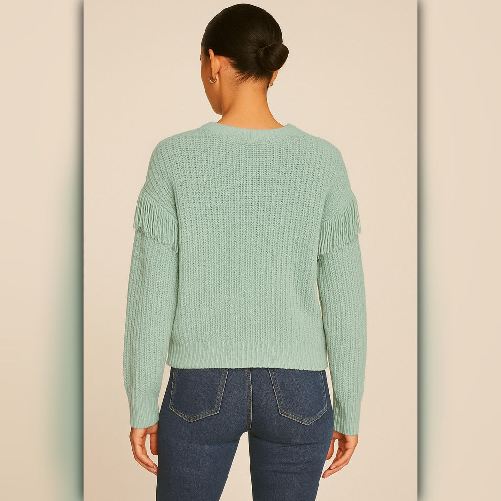 A489 • Chenille Cable Knit Crew Neck Sweater with Fringe