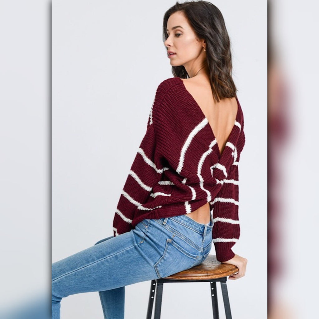 A261 • Stripe Dolman Sleeve Twist Back Knit Sweater Top
