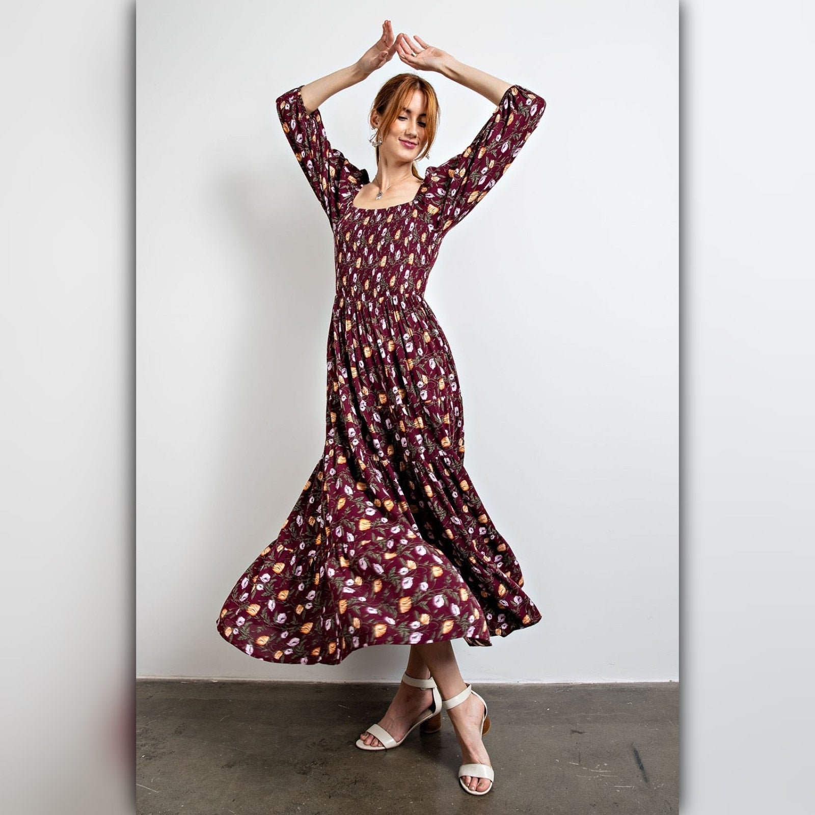 A235 • Boho Square Neck Floral Print Maxi Dress