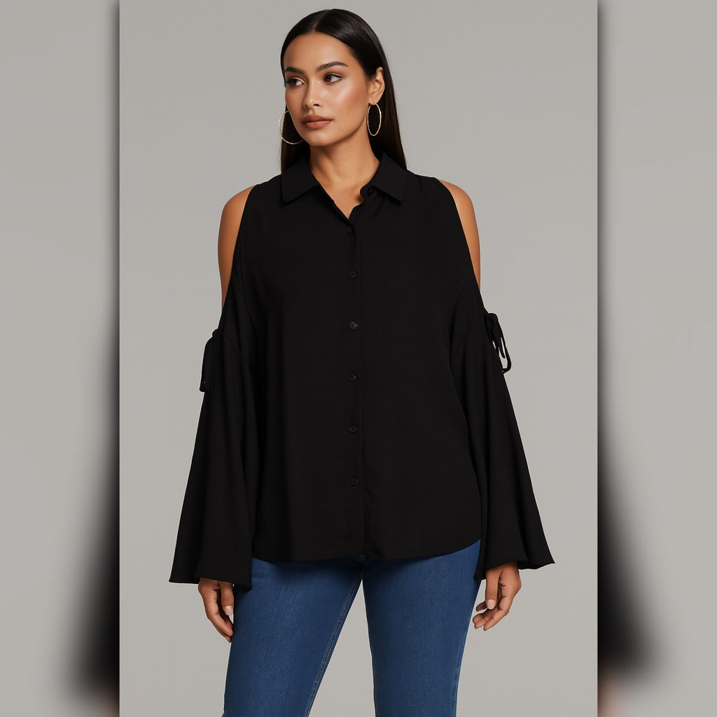 A421 • Black Sheer Bell Sleeve Button Down Blouse with Tie Sleeve Cutouts