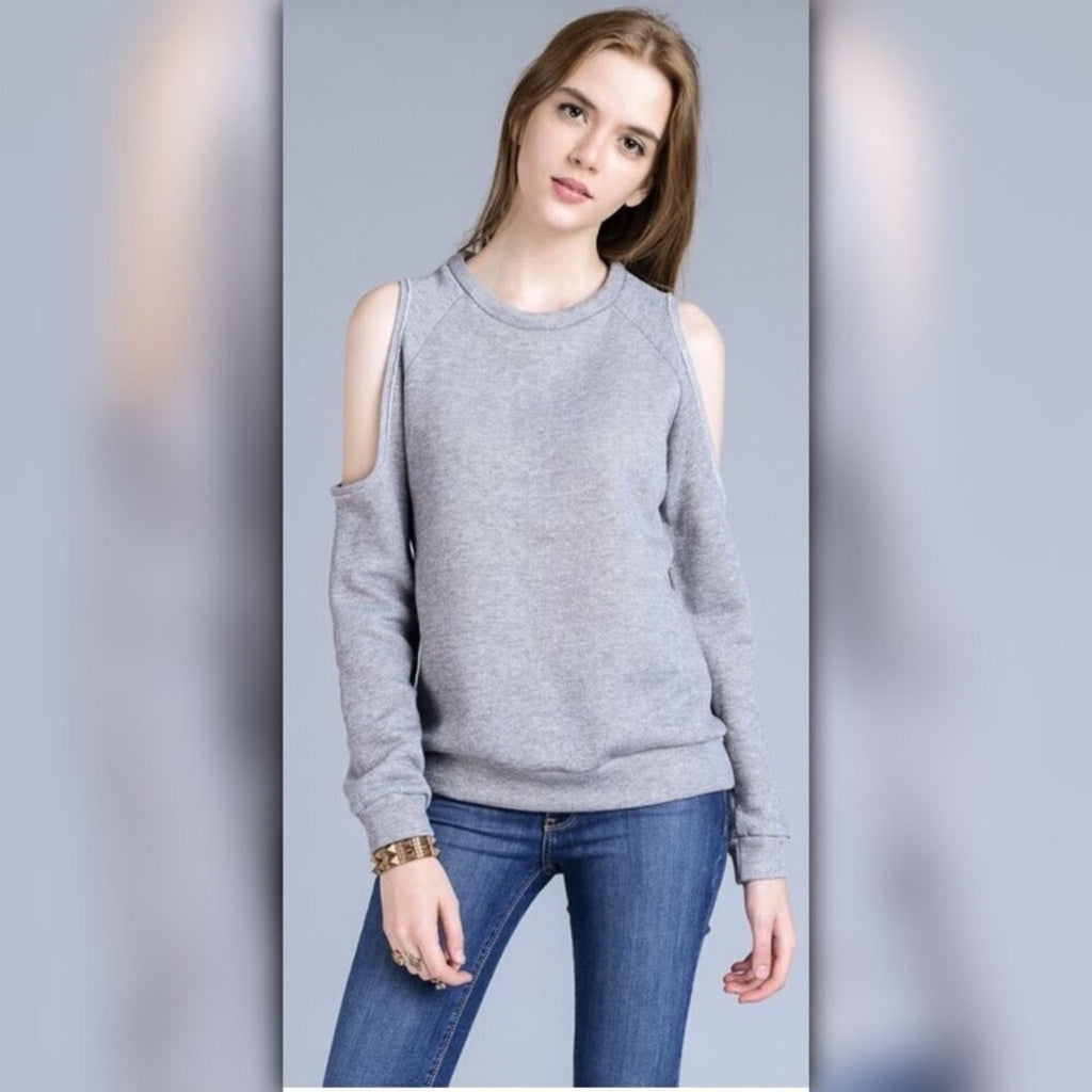 A067-B • Grey Cold Shoulder Crew Neck Pullover Sweater