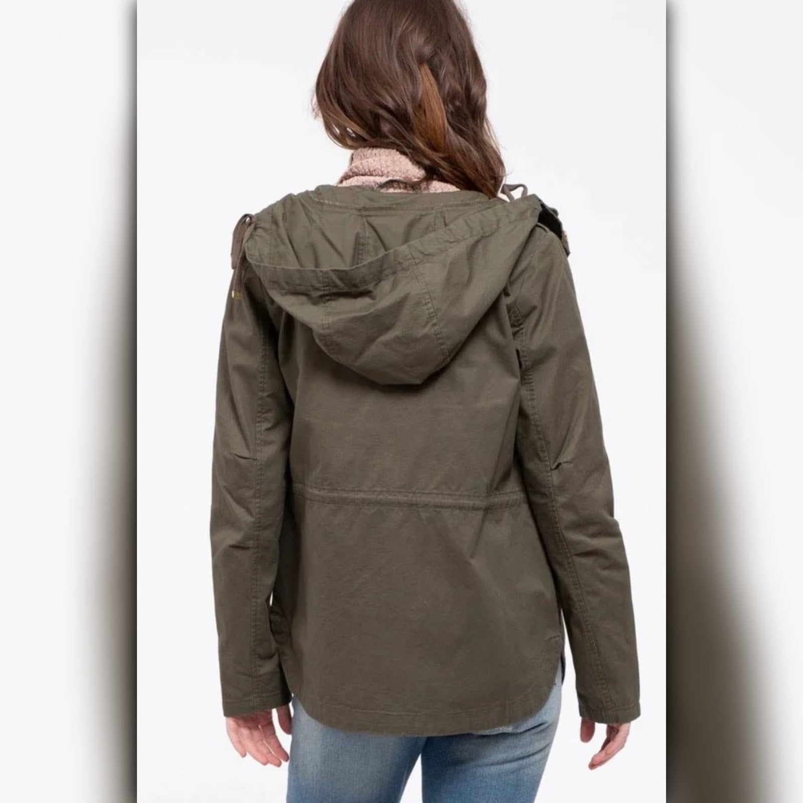 A410◾Lightweight Olive Cotton Utility Jacket With Hood Drawstring Waist