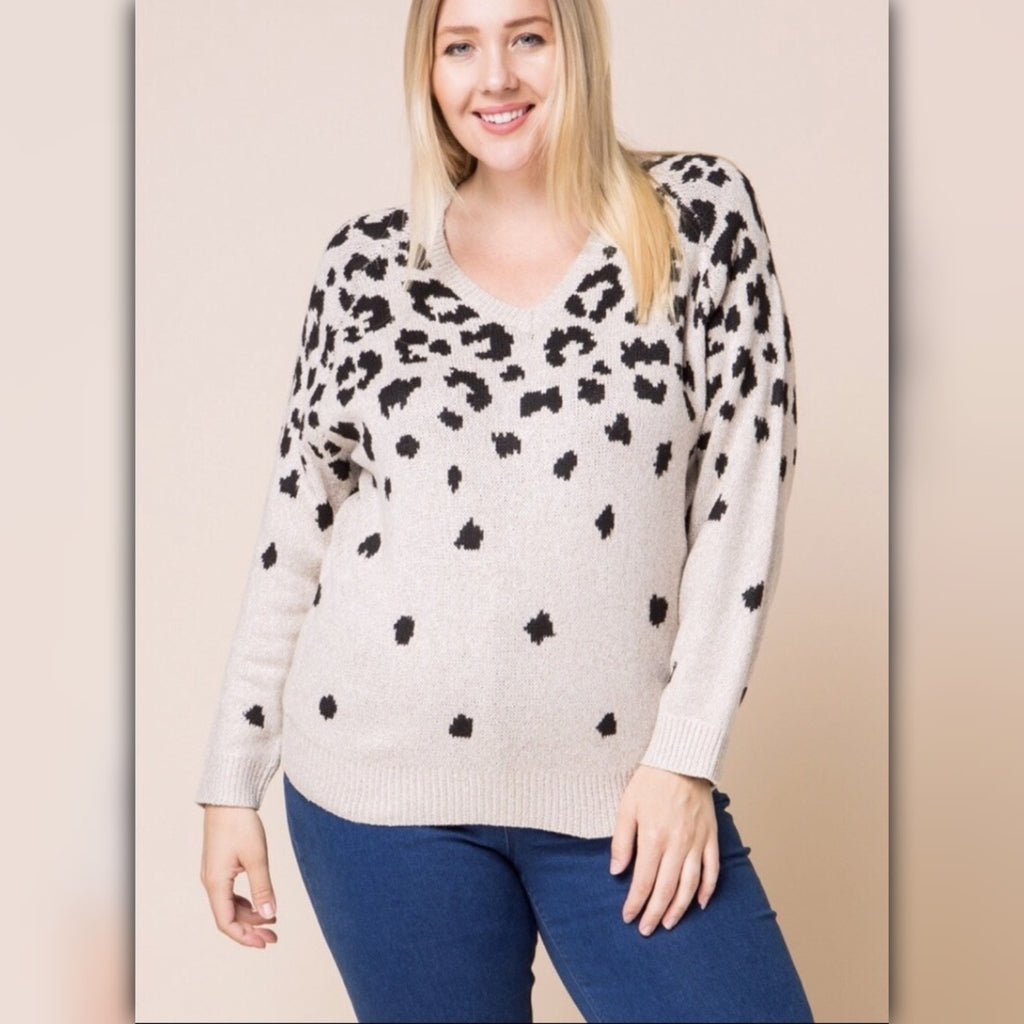 A521 • Cream Leopard V-Neck Knit Sweater