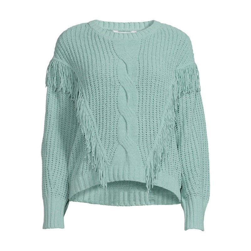 A489 • Chenille Cable Knit Crew Neck Sweater with Fringe