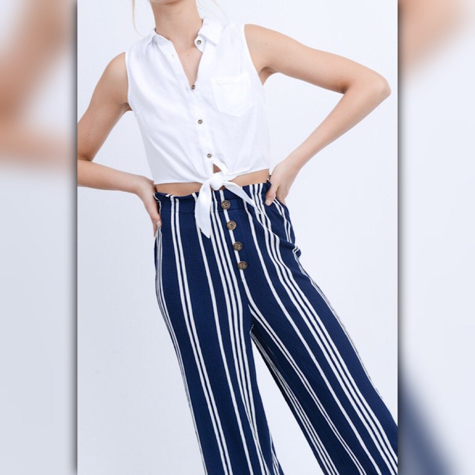 A587◾Blue Striped Wide-Leg Cropped Pants