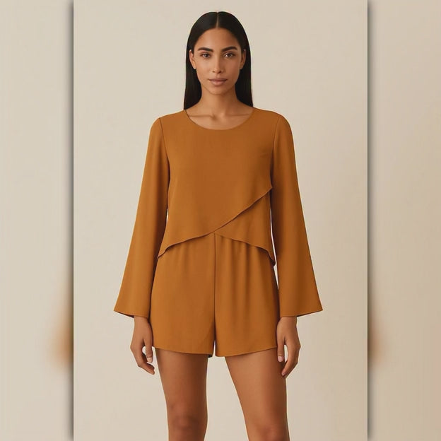 A078 • Caramel Long Sleeve Overlay Romper with Keyhole Back