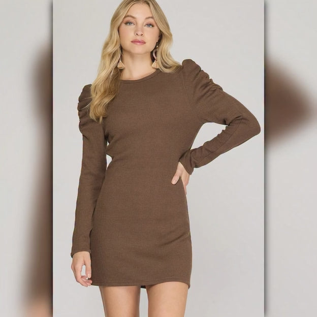 A251 • Chocolate Brown Puff Sleeve Ribbed Knit Mini Dress