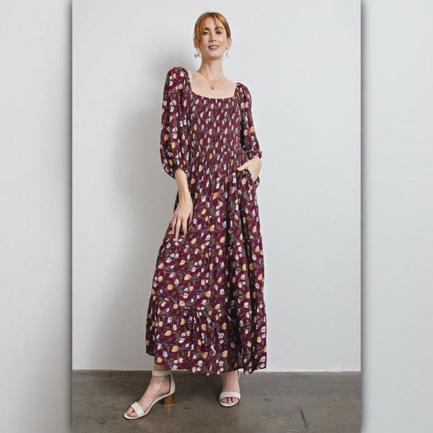 A235 • Boho Square Neck Floral Print Maxi Dress