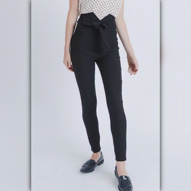 A481 — Black High Waist Belted Slim Pants with Back Zipper
