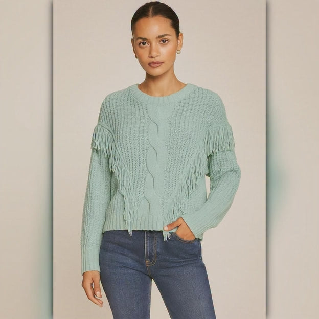 A489 • Chenille Cable Knit Crew Neck Sweater with Fringe